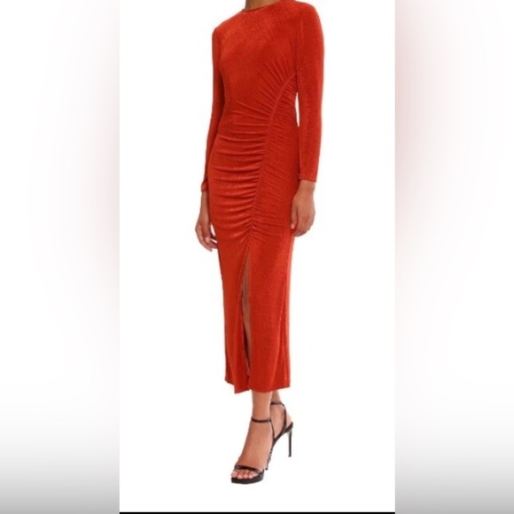 Donna Morgan Women's Ruched Princess Seam Dress Sz 6 Burnt Orange Shimmery - Picture 2 of 9